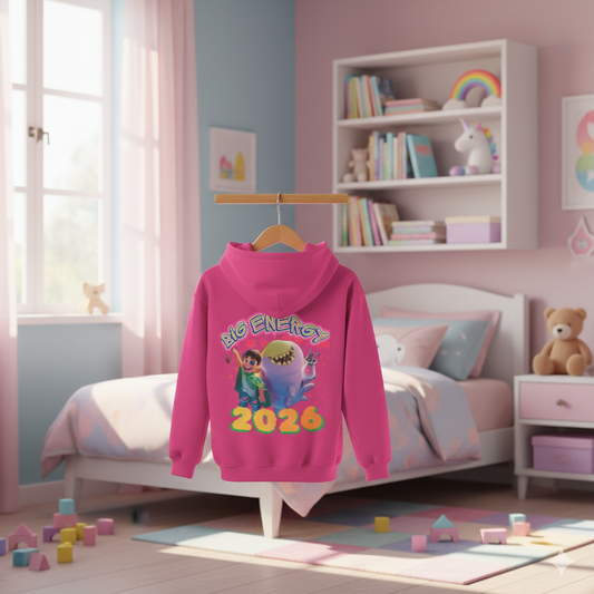 Side and back angle of the Big Energy 2026 kids hoodie showing fabric quality, stitching, and cozy design.