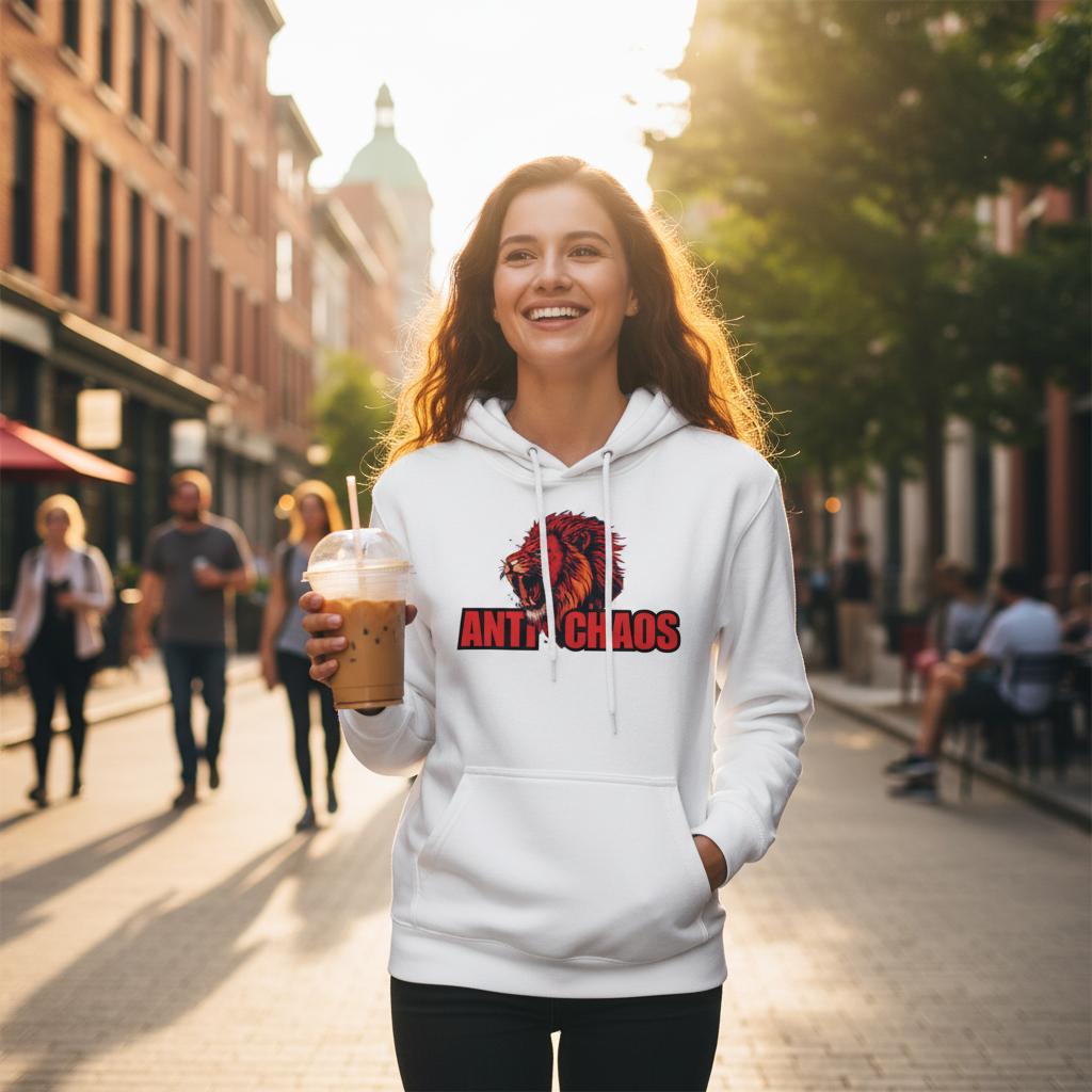 Anti Chaos streetwear hoodie graphic design featuring a bold, edgy, chaotic urban-style illustration. High-resolution digital artwork for men and women, perfect for casual street fashion, print-on-demand, and trending hoodies in the USA and Canada. Eye-catching urban vibes with glitch and abstract geometric elements.