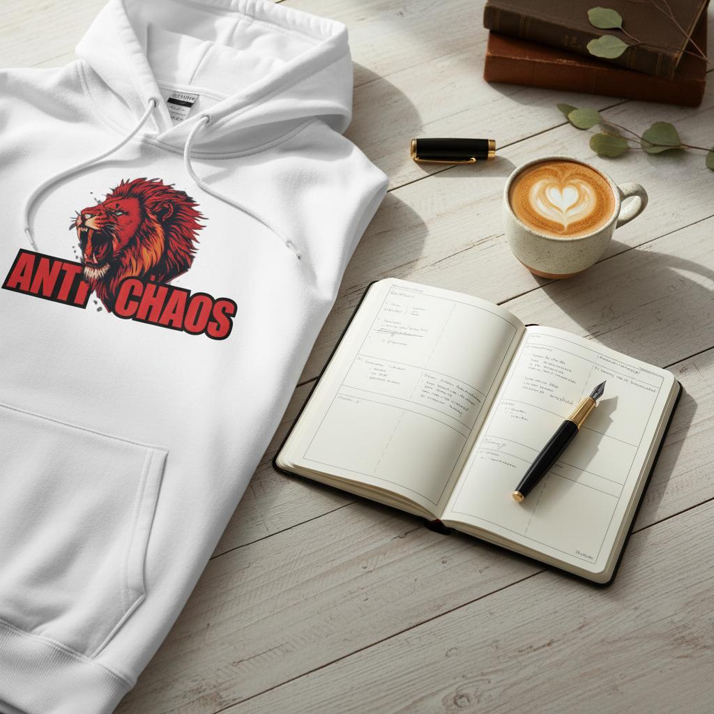 Anti Chaos streetwear hoodie graphic design featuring a bold, edgy, chaotic urban-style illustration. High-resolution digital artwork for men and women, perfect for casual street fashion, print-on-demand, and trending hoodies in the USA and Canada. Eye-catching urban vibes with glitch and abstract geometric elements.