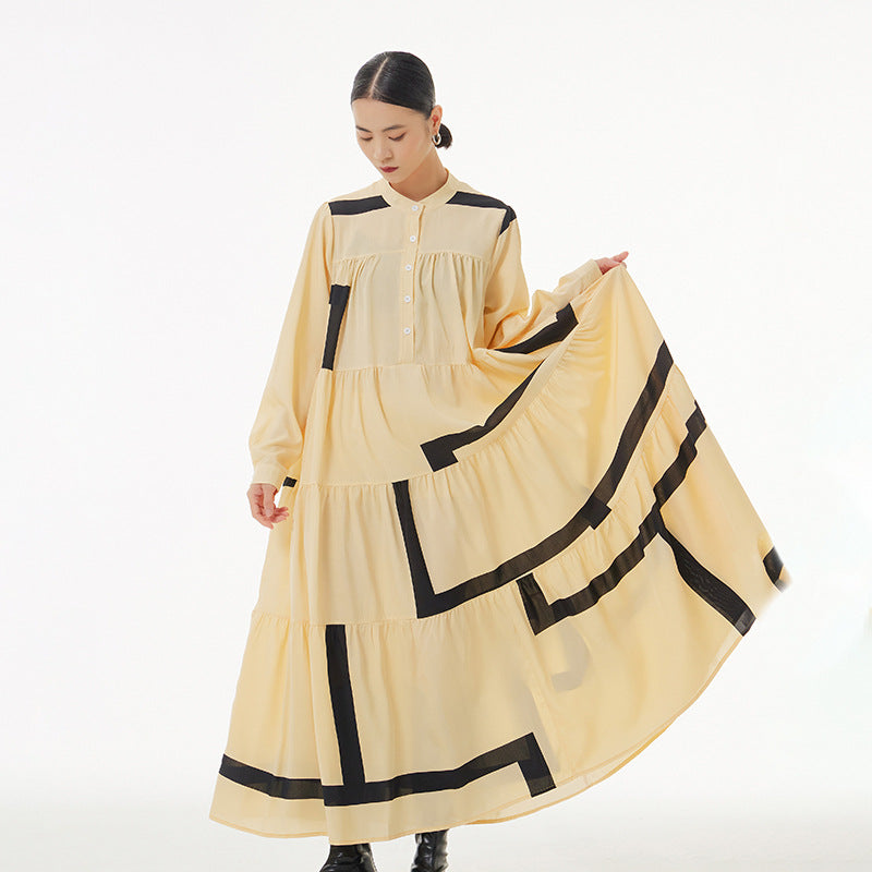 Women wearing casual loose fit dress with stand collar and contrast color – autumn fashion outfit