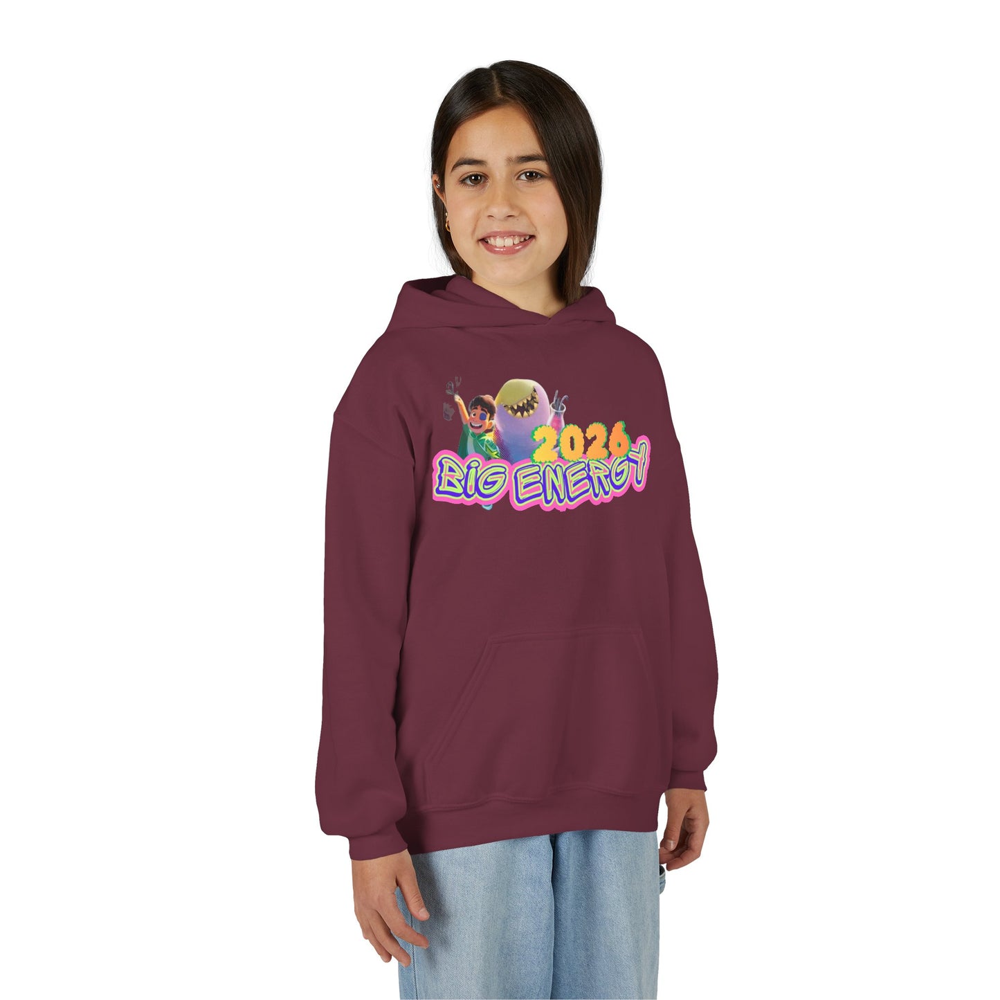 Close-up view of the Big Energy 2026 hoodie print showing bright colors, soft fabric texture, and high-quality kidswear design.