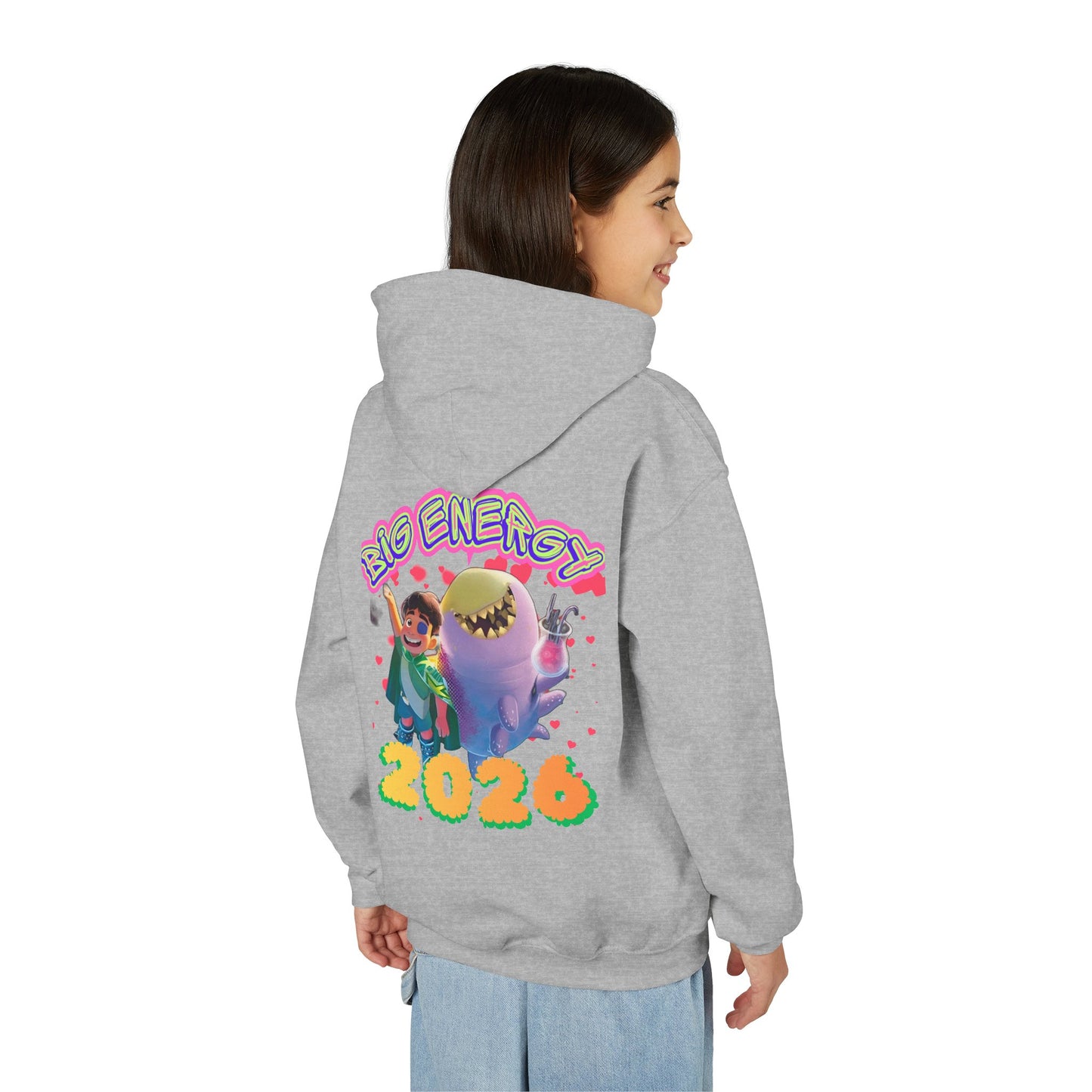 Close-up view of the Big Energy 2026 hoodie print showing bright colors, soft fabric texture, and high-quality kidswear design.