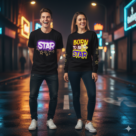 Young woman wearing Born to Be Star T-Shirt showing back design with smiling star, casual streetwear outfit, energetic and happy pose, unisex trendy t-shirt.