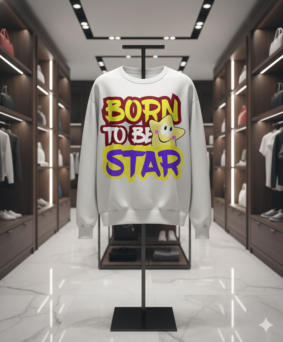 Young man wearing Born to Be Star T-Shirt front view with a joyful smiling star graphic, stylish streetwear, casual outfit, trendy unisex t-shirt for teenagers and adults.