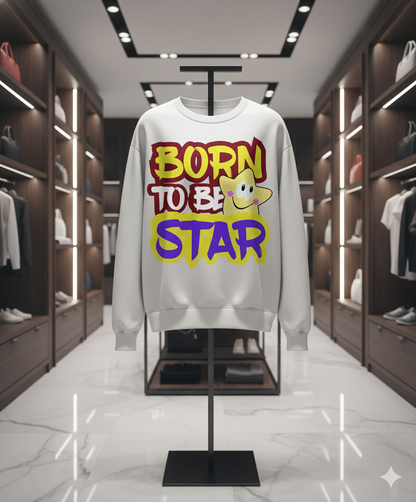 Young man wearing Born to Be Star T-Shirt front view with a joyful smiling star graphic, stylish streetwear, casual outfit, trendy unisex t-shirt for teenagers and adults.