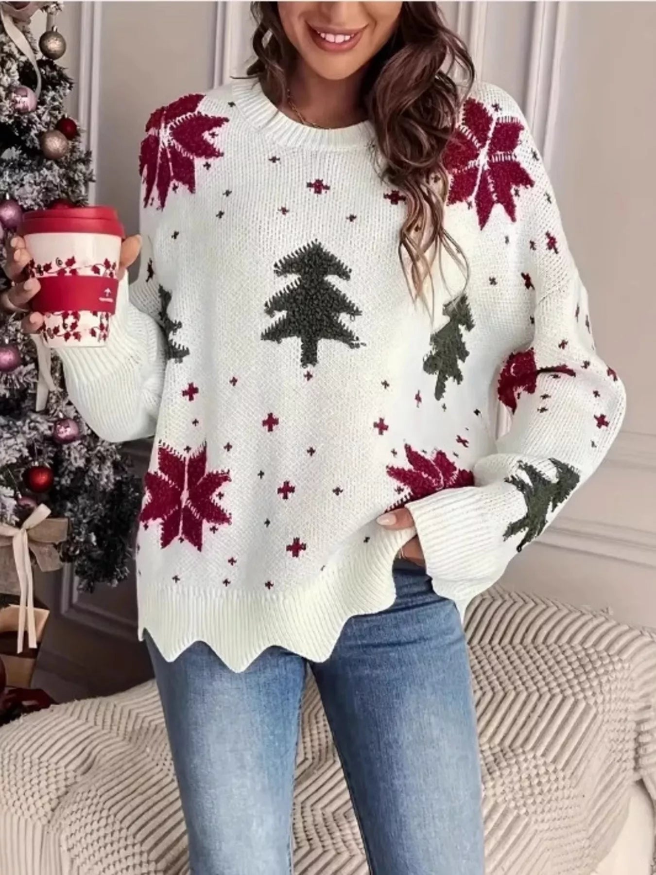  Christmas Tree Pattern Sweater Christmas tree pattern sweater for women featuring a cozy round neck design, perfect for winter and holiday outfits in the USA and Canada