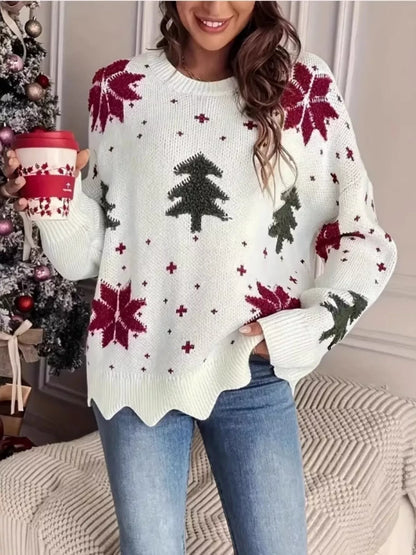 Christmas Tree Pattern Sweater Christmas tree pattern sweater for women featuring a cozy round neck design, perfect for winter and holiday outfits in the USA and Canada