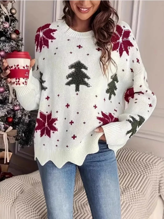  Christmas Tree Pattern Sweater Christmas tree pattern sweater for women featuring a cozy round neck design, perfect for winter and holiday outfits in the USA and Canada
