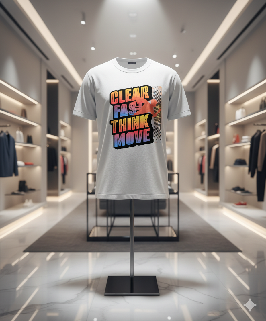 “White streetwear T-shirt featuring the ‘Clear Fast Think Move’ gradient design displayed on a stand inside a modern luxury fashion boutique with soft lighting and premium retail decor.”