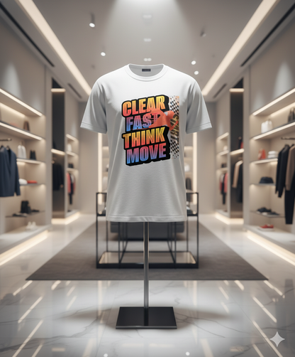 “White streetwear T-shirt featuring the ‘Clear Fast Think Move’ gradient design displayed on a stand inside a modern luxury fashion boutique with soft lighting and premium retail decor.”