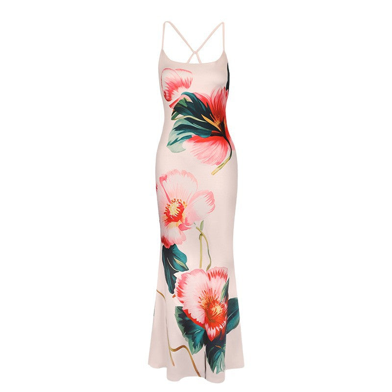 Women’s sexy strapless maxi dress with floral details and open back, ideal for summer nights, parties, and special occasions in North America.