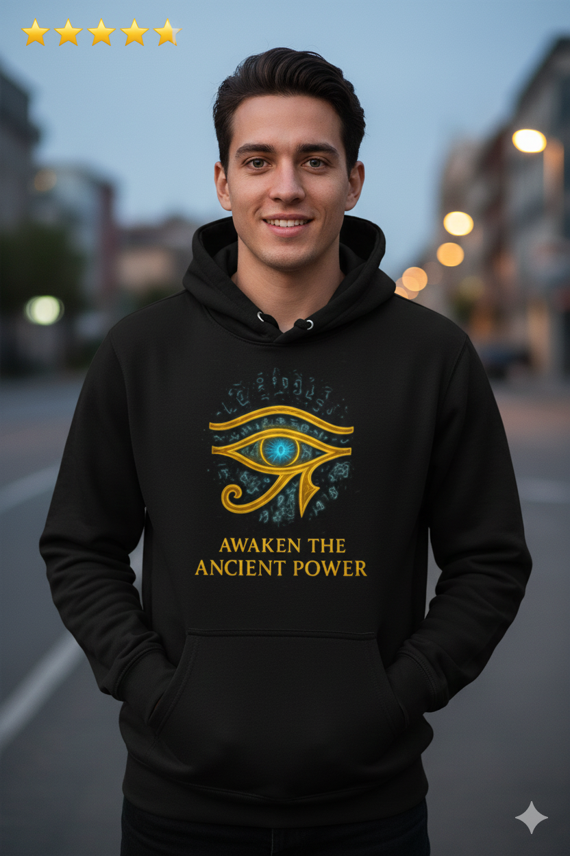 “Black unisex hoodie featuring the Eye of Horus symbol, inspired by ancient Egyptian mythology. Premium streetwear design combining urban fashion and mystical symbolism. Perfect for men and women seeking unique myth-inspired style. Trendy 2025 hoodie for fashion enthusiasts in USA, Europe, and worldwide.”
