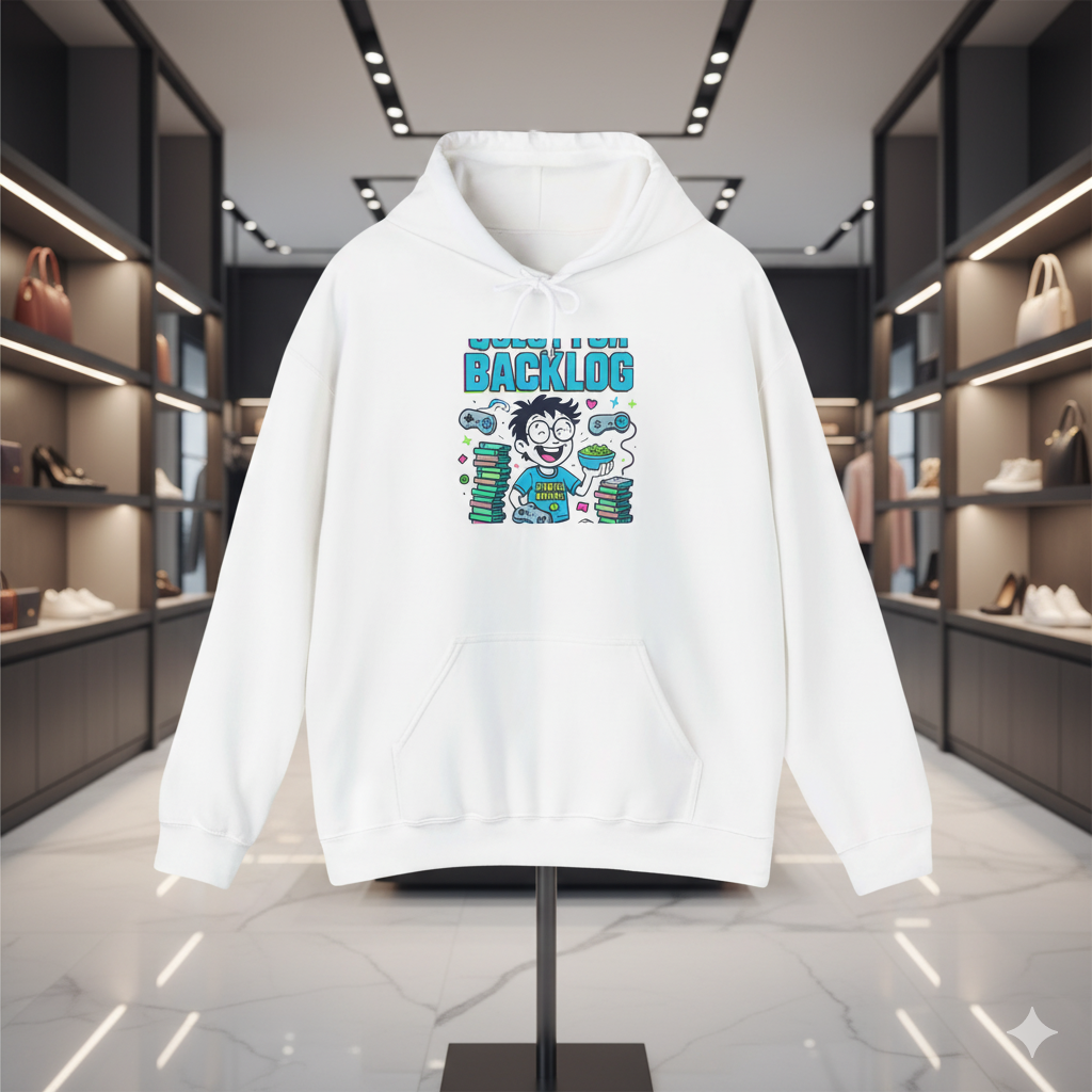 “White hoodie featuring a humorous ‘Stuck in Backlog’ gamer cartoon design, displayed on a stand inside a modern luxury fashion boutique with soft spotlights and premium store decor.”