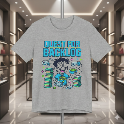 “Light grey sweatshirt featuring a colorful ‘Quest for the Backlog’ gamer cartoon design, hanging on a stand inside a modern high-end fashion boutique with soft lighting and stylish shelves.”