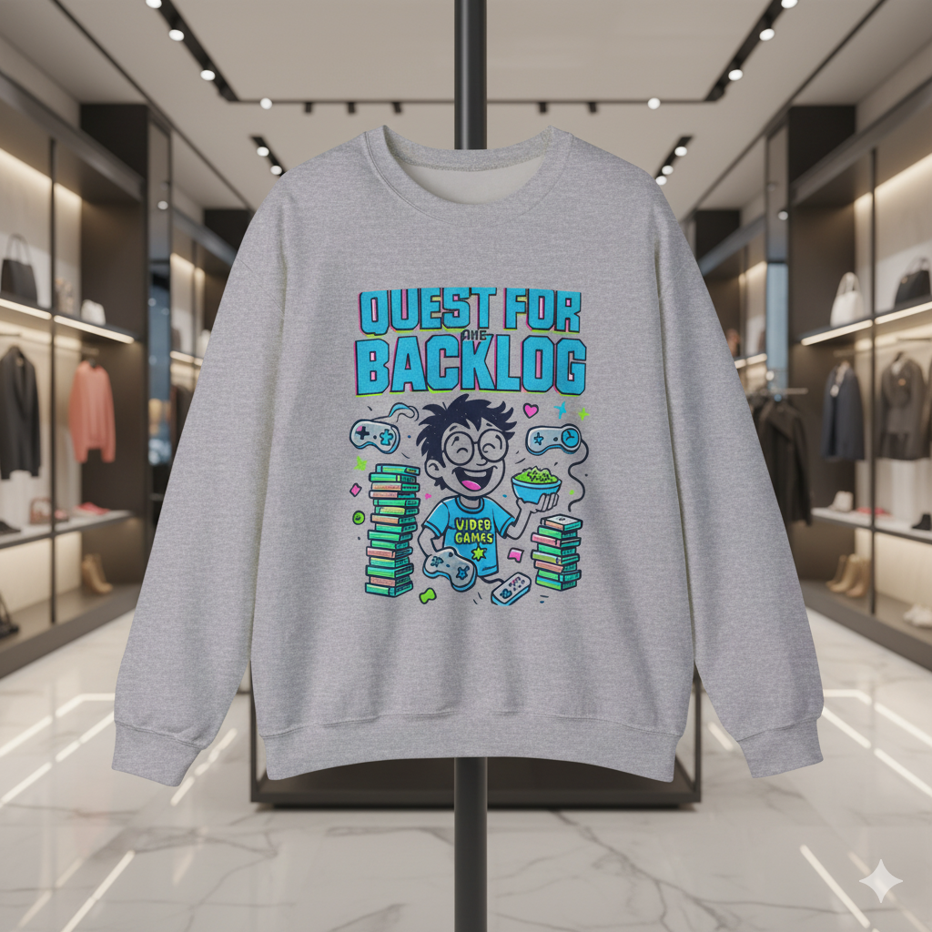 “Light grey sweatshirt featuring a colorful ‘Quest for the Backlog’ gamer cartoon design, hanging on a stand inside a modern high-end fashion boutique with soft lighting and stylish shelves.”