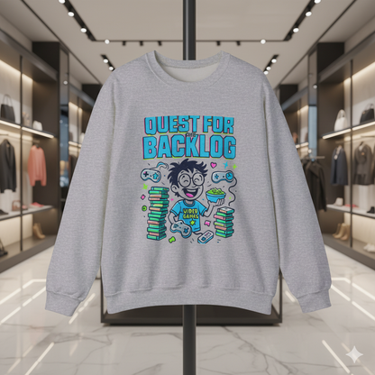 “Light grey sweatshirt featuring a colorful ‘Quest for the Backlog’ gamer cartoon design, hanging on a stand inside a modern high-end fashion boutique with soft lighting and stylish shelves.”
