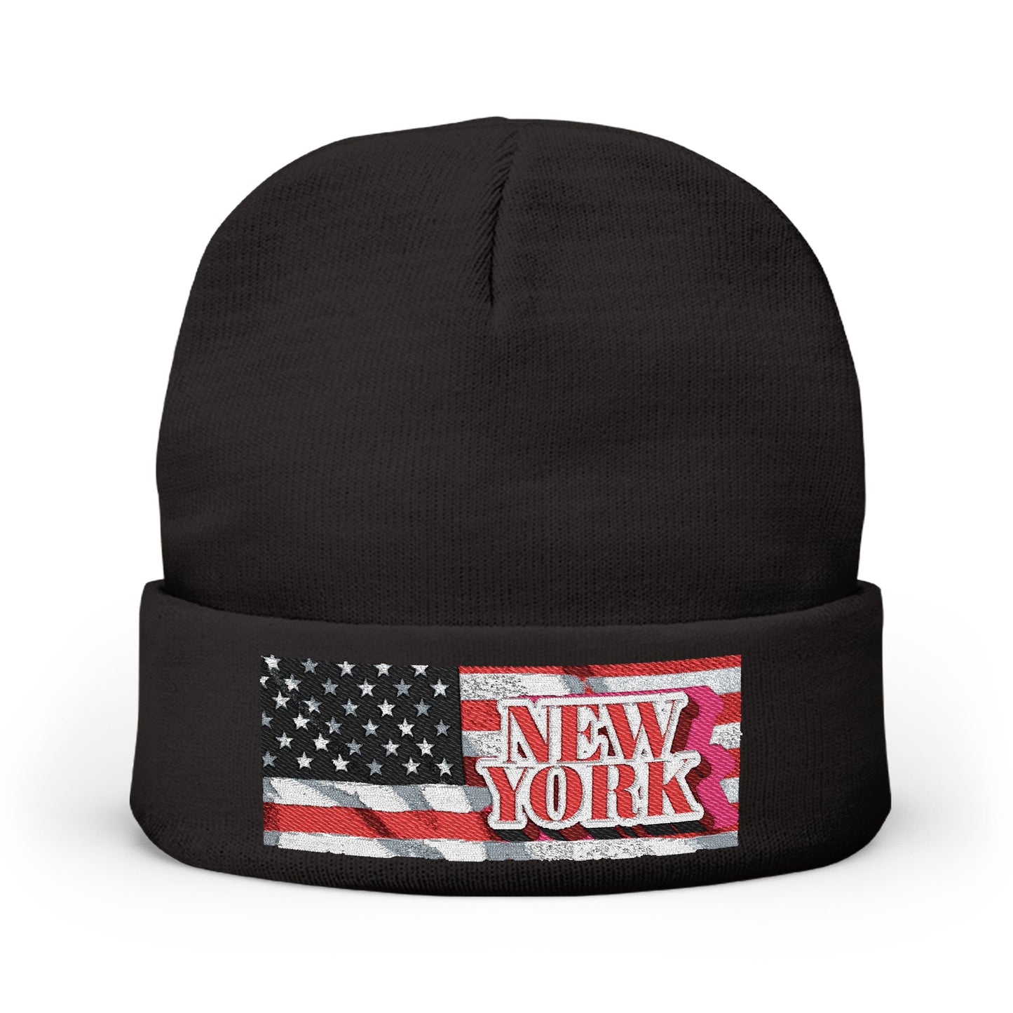 “A girl and a boy wearing matching New York beanies with the USA flag, smiling and playing together in a snowy winter landscape while wearing warm jackets.”