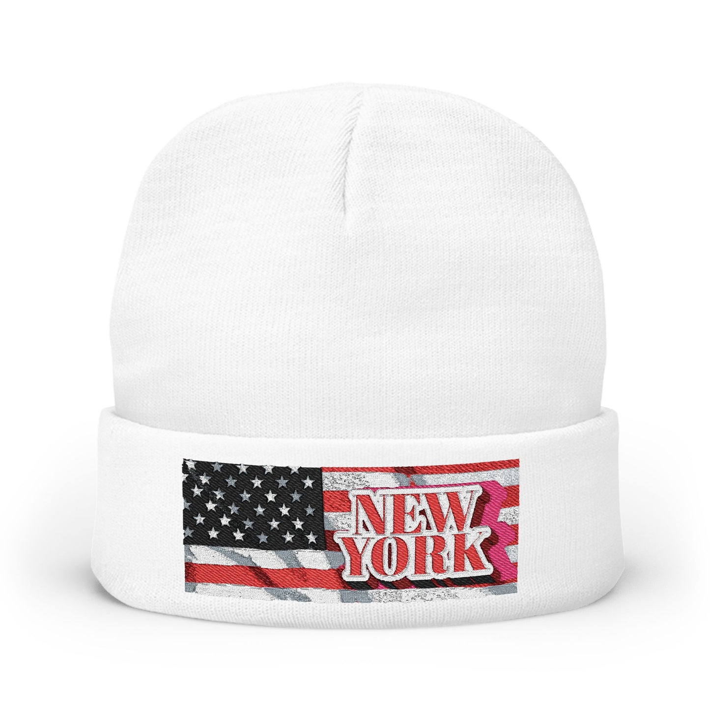 “A girl and a boy wearing matching New York beanies with the USA flag, smiling and playing together in a snowy winter landscape while wearing warm jackets.”