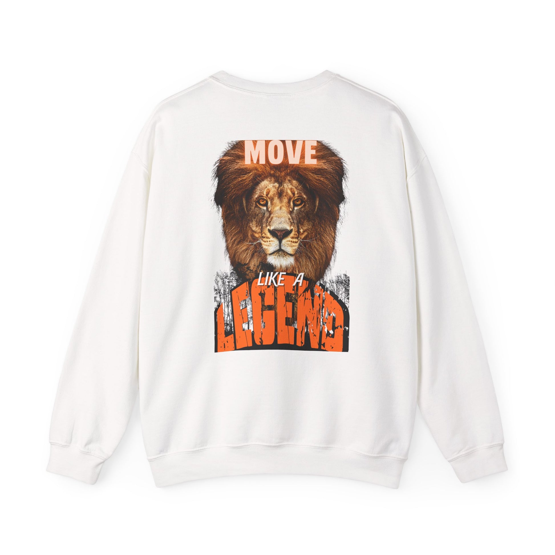 Close-up view of the lion graphic and text on the MOVE LIKE A LEGEND sweatshirt.