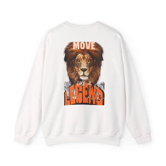 Close-up view of the lion graphic and text on the MOVE LIKE A LEGEND sweatshirt.