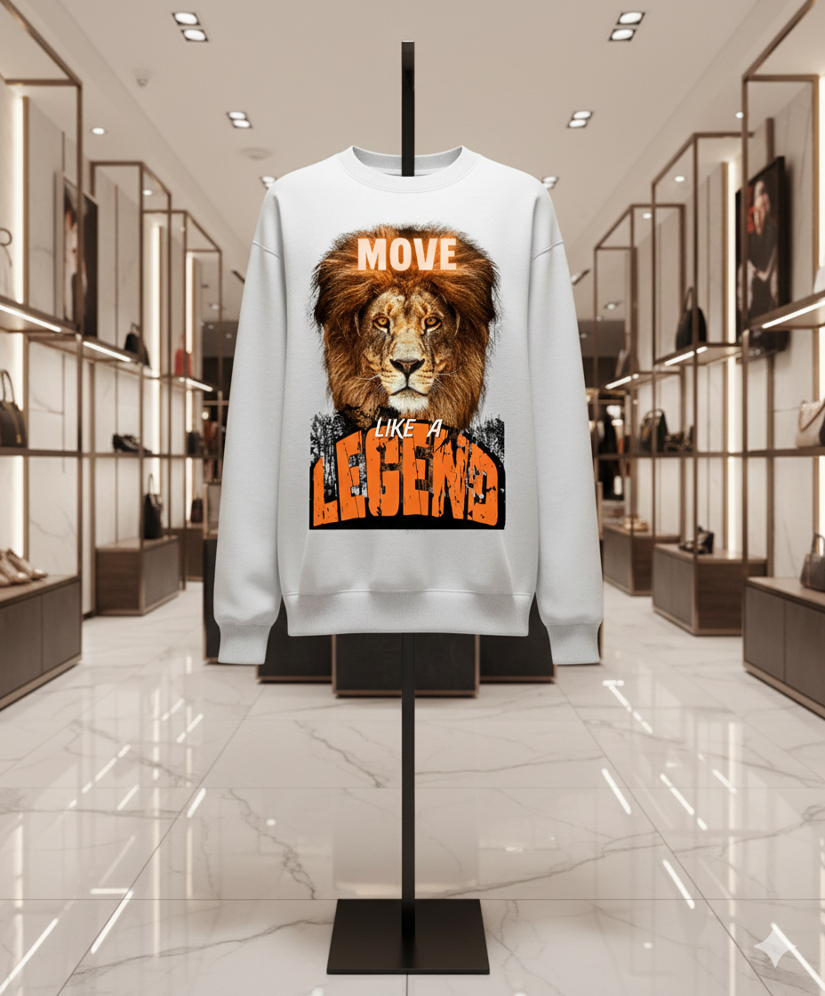 A unisex crewneck sweatshirt featuring a bold lion face with the text “MOVE LIKE A LEGEND” in modern typography.