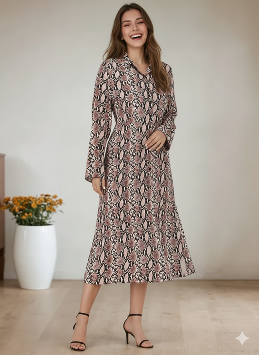 Full body view of Snake Print Shirt Dress styled with boots, showing fashion-forward look for US, Canadian, and European shoppers.
