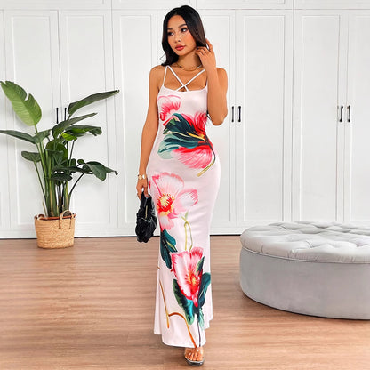 Sexy strapless floral maxi dress for women with backless design and elegant slit, perfect for night out parties in the USA and Canada.