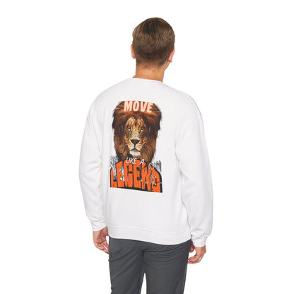 Heavy Blend unisex sweatshirt displaying the MOVE LIKE A LEGEND design.