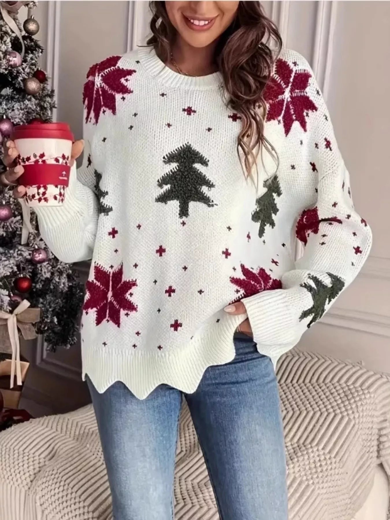 Christmas Tree Pattern Sweater – Cozy Round Neck Holiday Winter 2025 christmas sweater - JOJO Fashion