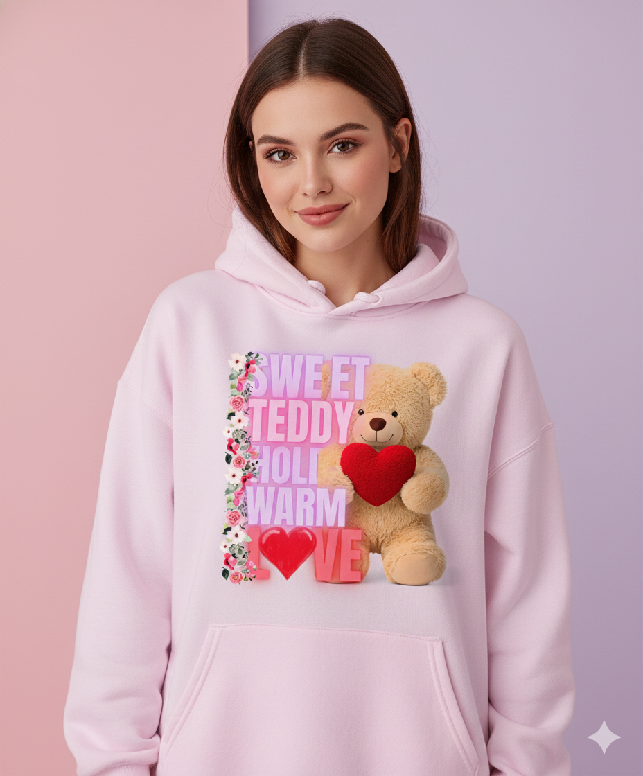 Cute teddy hoodie featuring pastel teddy bear design in soft-girl aesthetic style.