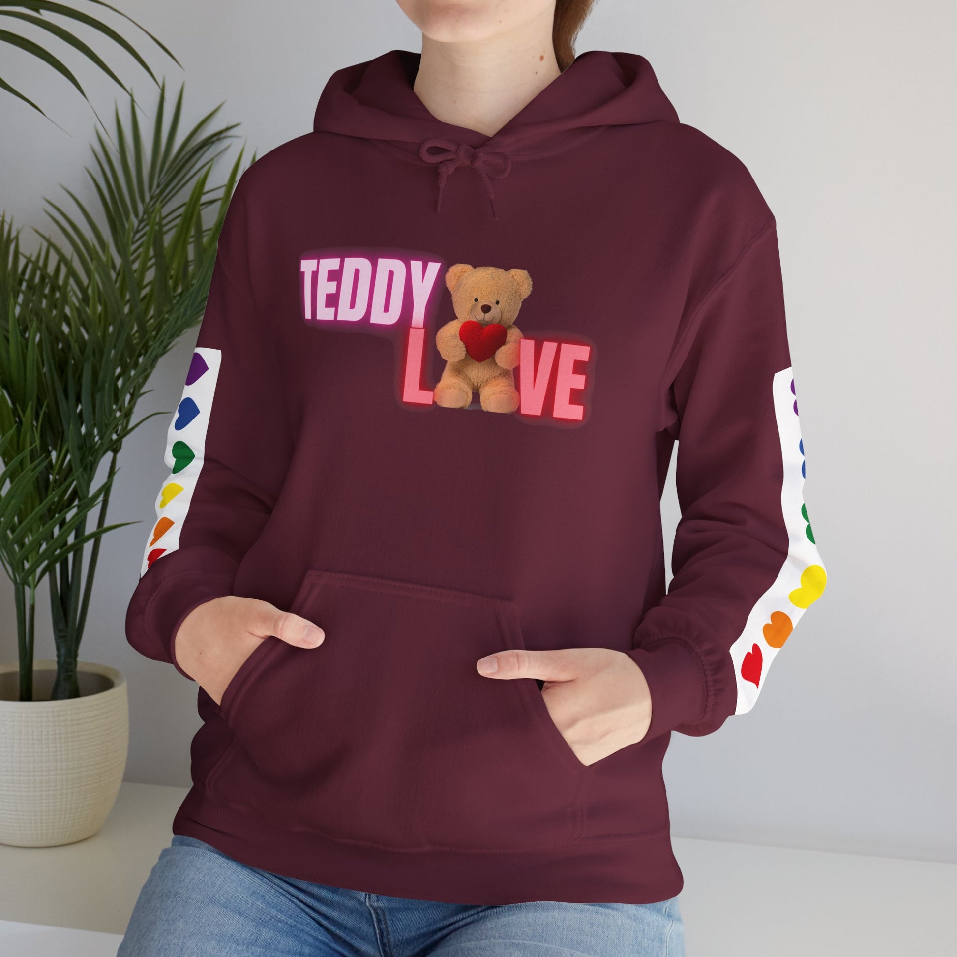Cute teddy hoodie with kawaii heart bear print perfect for cozy winter outfits.