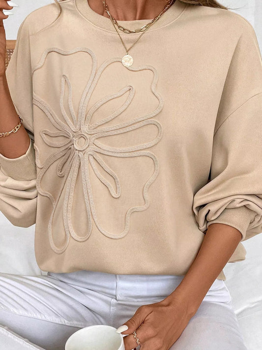 Embroidered Flower Sweatshirt – Cozy Drop Shoulder Trendy Sweater Casual Embroidered Sweatshirt / Floral Pullover