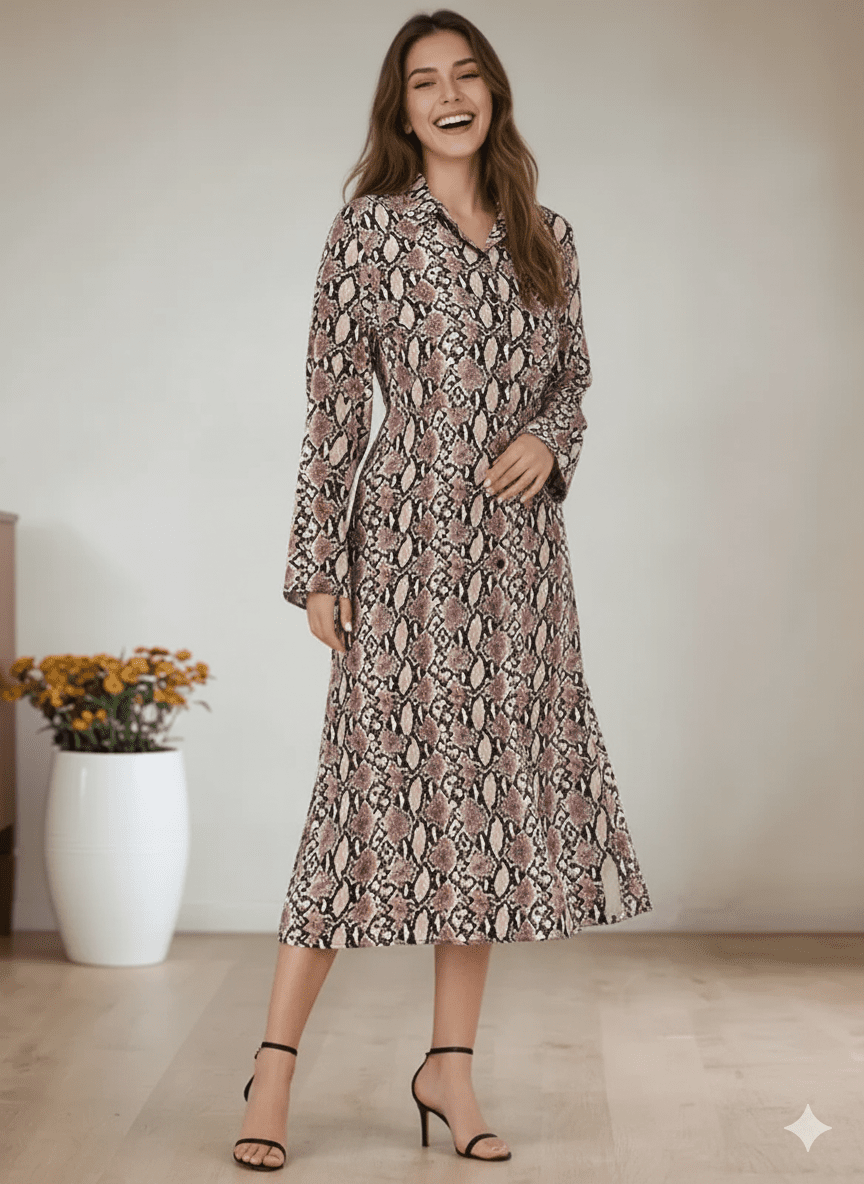 Snake Print Shirt Dress – Trendy Long Sleeve Outfit Women’s Dresses - JOJO Fashion