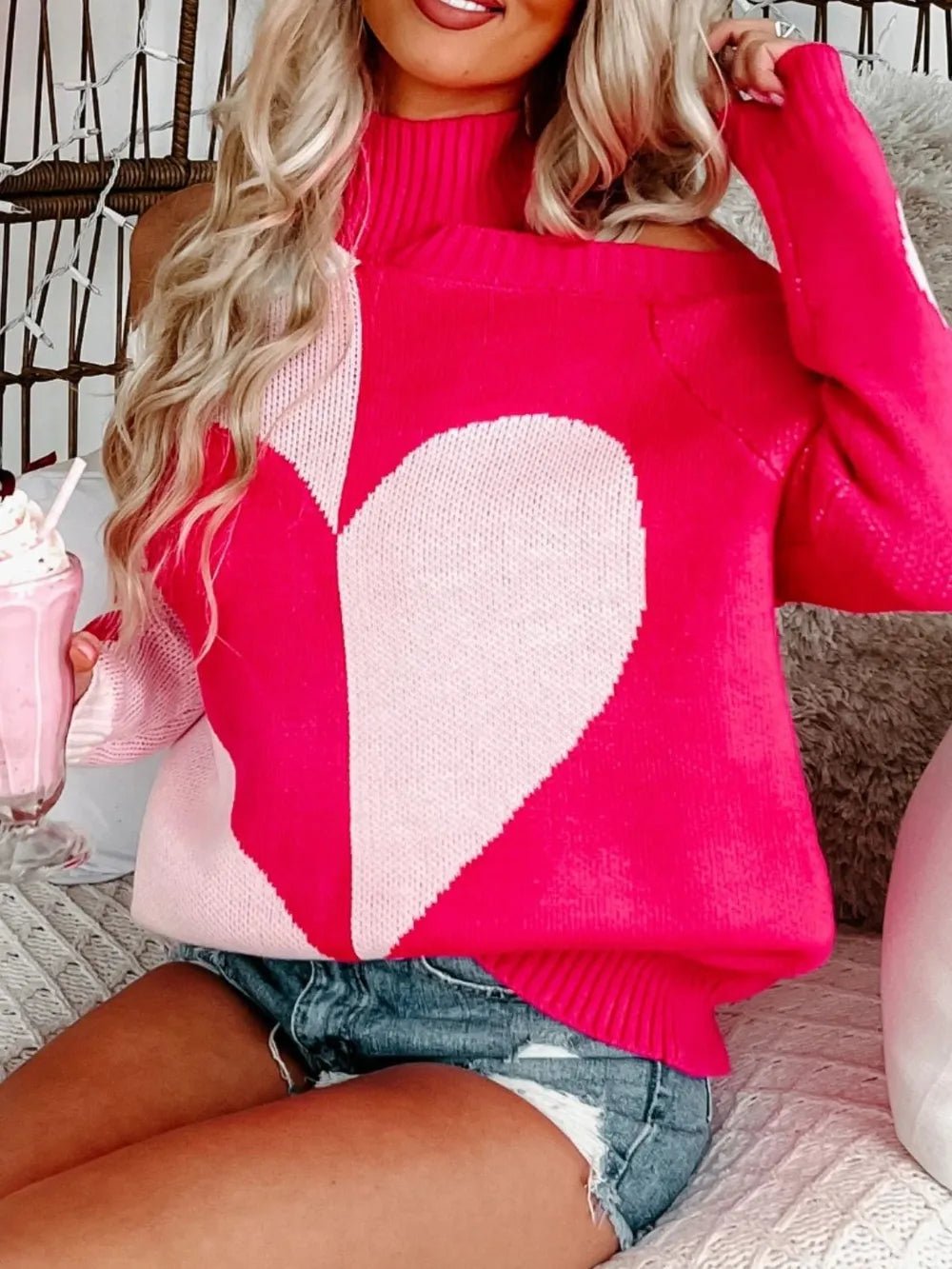 Valentine Heart Cold Shoulder Sweater – Pink Turtleneck Date Night High neck sweatshirt - JOJO Fashion