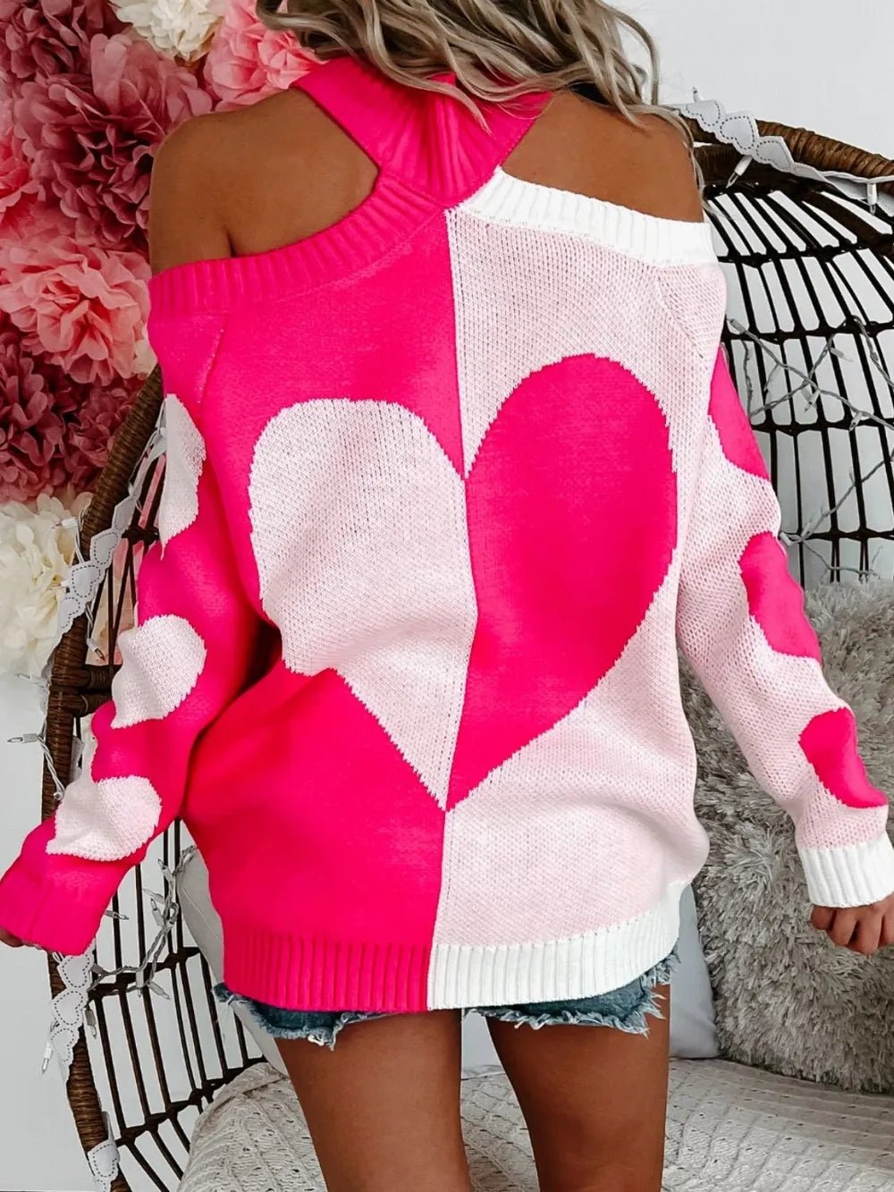 Valentine Heart Cold Shoulder Sweater – Pink Turtleneck Date Night High neck sweatshirt - JOJO Fashion
