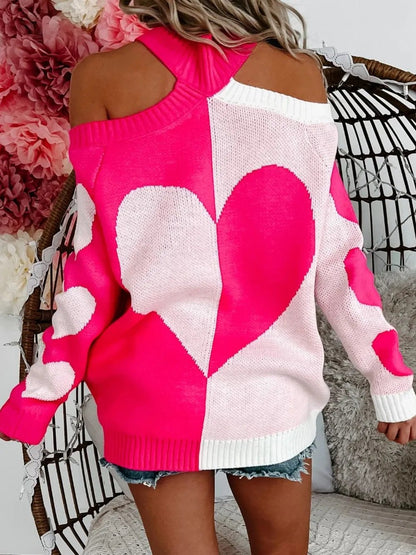 Valentine Heart Cold Shoulder Sweater – Pink Turtleneck Date Night High neck sweatshirt - JOJO Fashion
