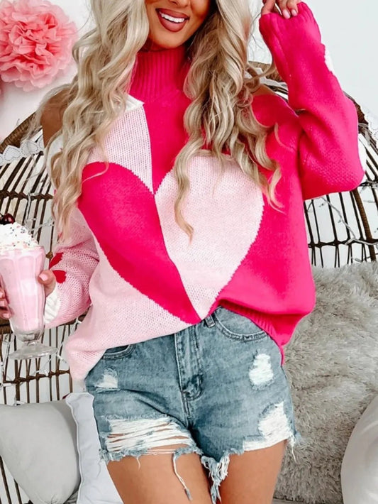 Valentine Heart Cold Shoulder Sweater – Pink Turtleneck Date Night High neck sweatshirt - JOJO Fashion