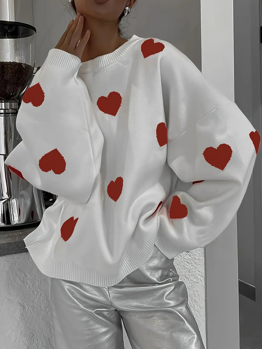 Valentines Day Heart Sweater – Cozy Long Sleeve Crewneck for Women Valentine’s Day Heart Crewneck Sweater for Women
