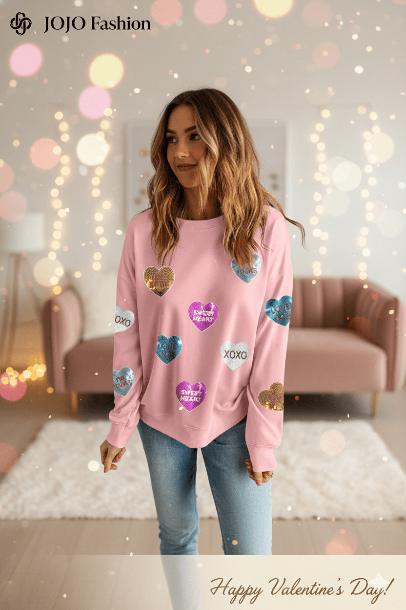 Valentines Day Sequin Heart Sweatshirt Sparkly Round Neck Long Sleeve Valentines Day Sequin Heart Sweatshirt for Women - JOJO Fashion