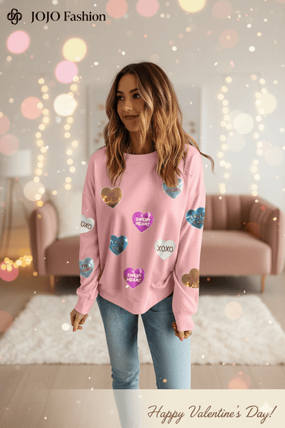 Valentines Day Sequin Heart Sweatshirt Sparkly Round Neck Long Sleeve Valentines Day Sequin Heart Sweatshirt for Women - JOJO Fashion