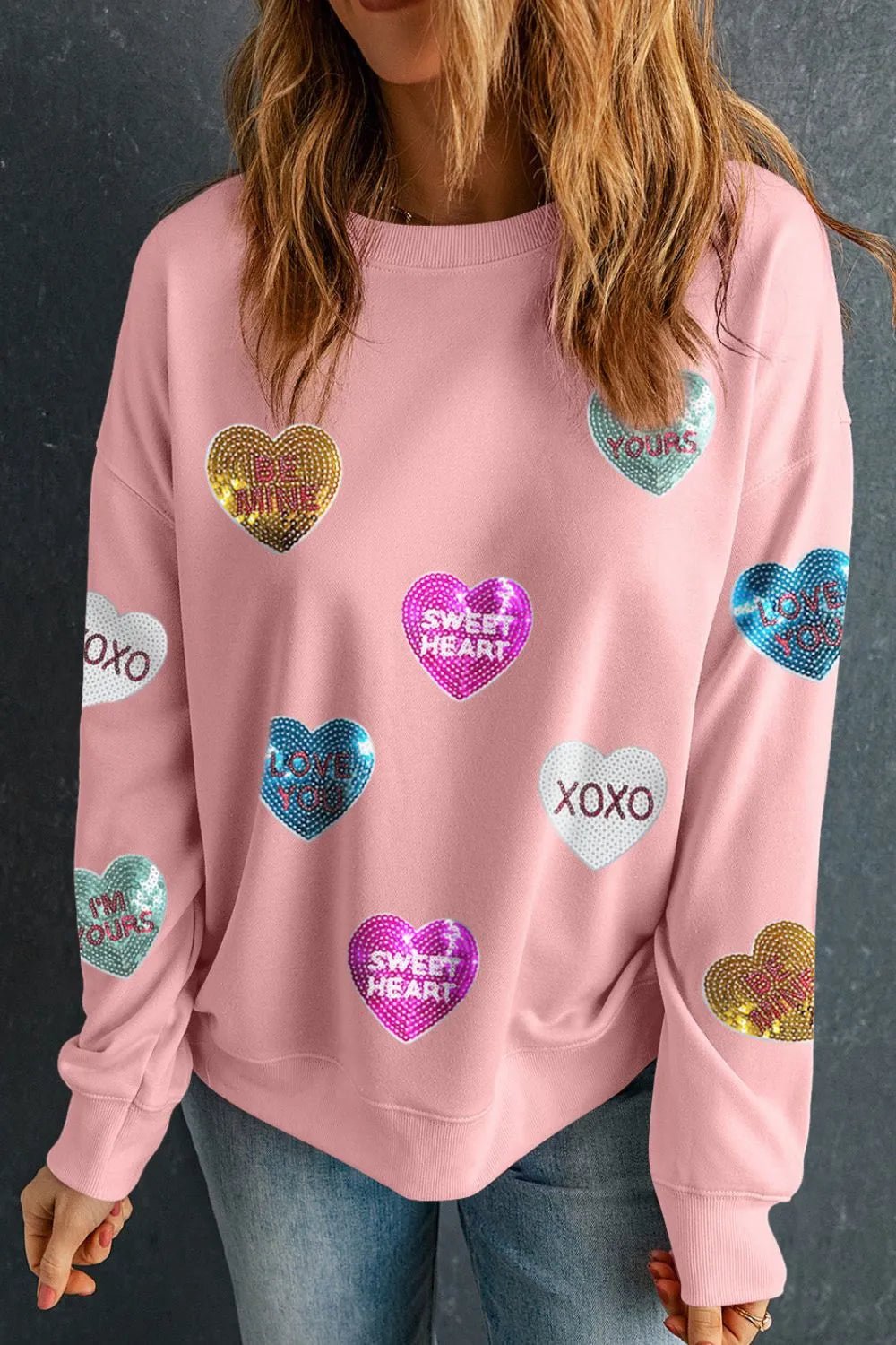 Valentines Day Sequin Heart Sweatshirt Sparkly Round Neck Long Sleeve Valentines Day Sequin Heart Sweatshirt for Women - JOJO Fashion