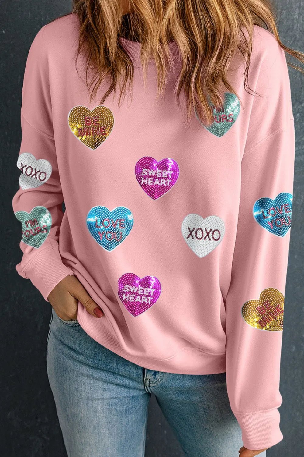 Valentines Day Sequin Heart Sweatshirt Sparkly Round Neck Long Sleeve Valentines Day Sequin Heart Sweatshirt for Women - JOJO Fashion