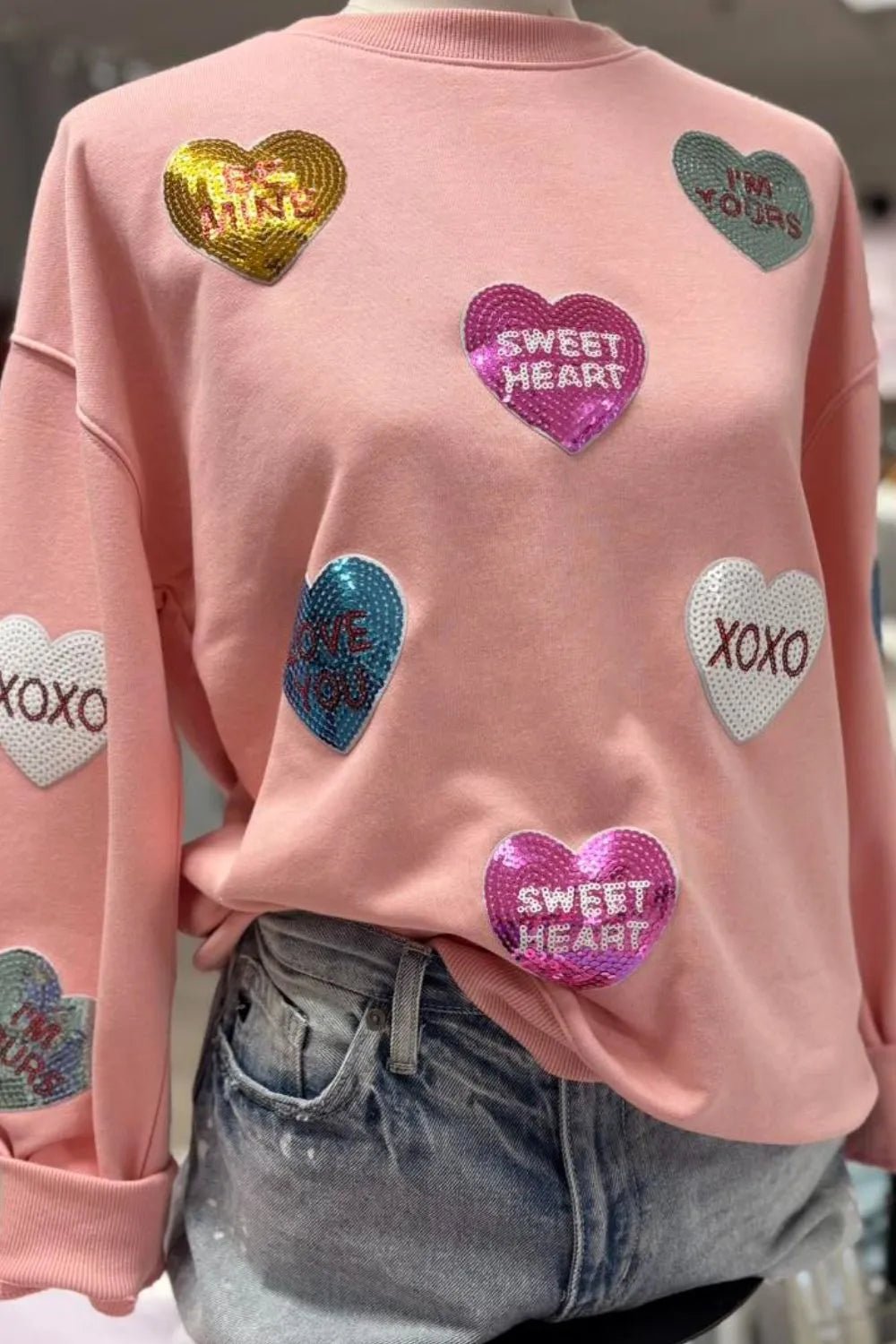 Valentines Day Sequin Heart Sweatshirt Sparkly Round Neck Long Sleeve Valentines Day Sequin Heart Sweatshirt for Women - JOJO Fashion