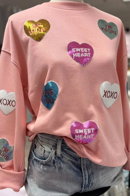 Valentines Day Sequin Heart Sweatshirt Sparkly Round Neck Long Sleeve Valentines Day Sequin Heart Sweatshirt for Women - JOJO Fashion